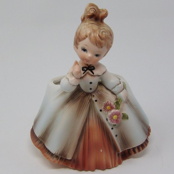 Vintage Kitschy Inarco E-871 Planter Girl in Peach Dress with Pink Flowers 5 1/2 - Picture 7 of 10
